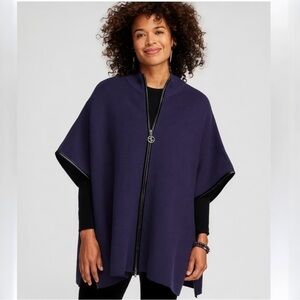 Chicos Purple Ruana Poncho Cape Sweater Zip Front Faux Leather Accent Trim S/M